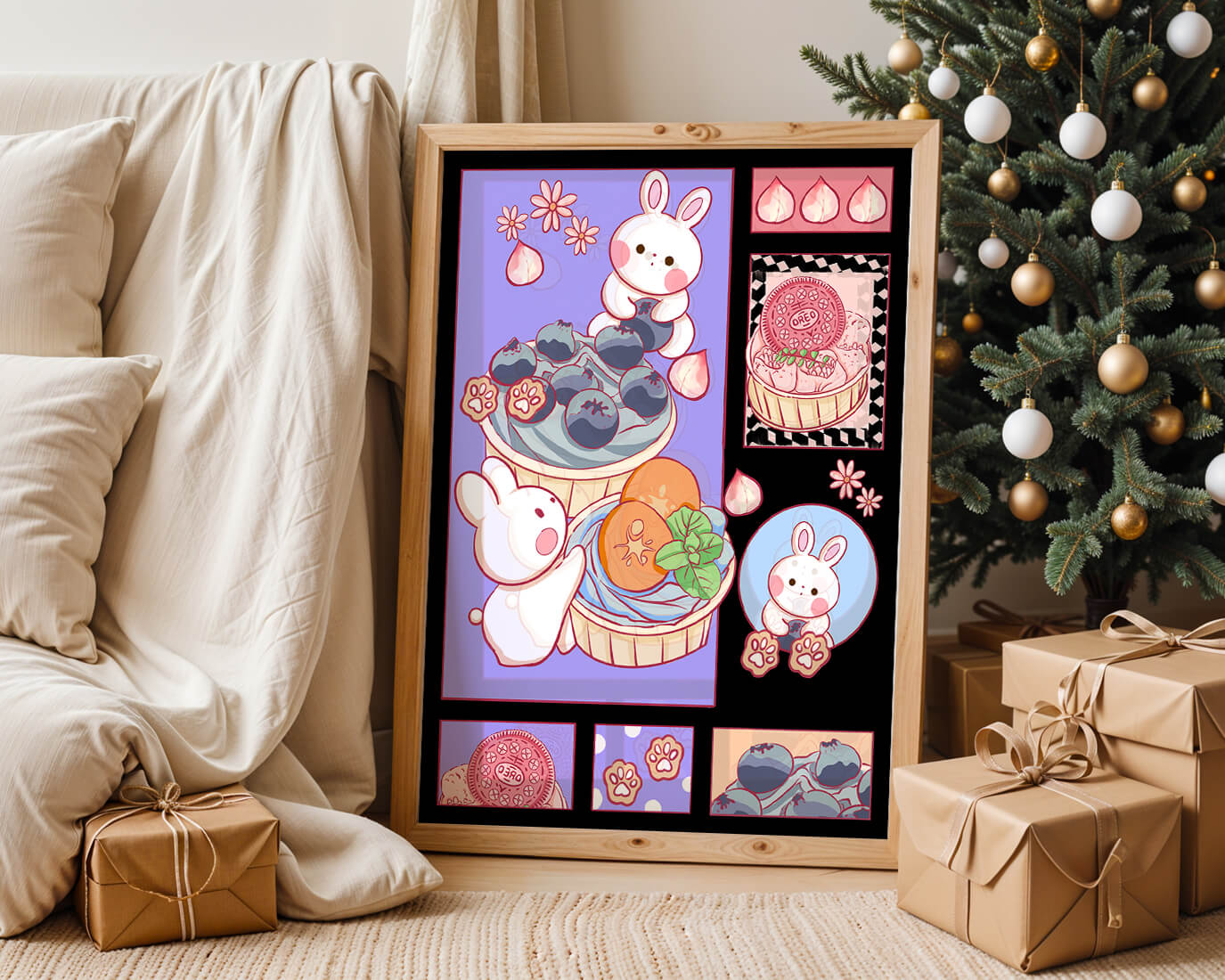 Conejos de dibujos animados encantadores con postres y arándanos