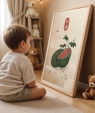 Watermelon With Dragonflies And Asian Script Minimalist Illustration - Mi tienda