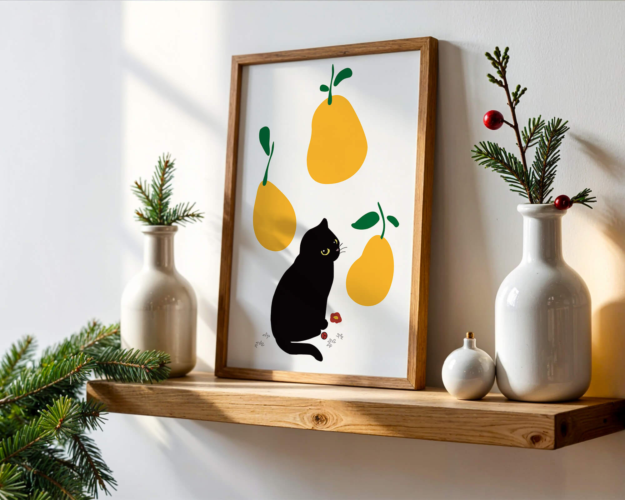 Illustration of black cat with yellow pears and green leaves
