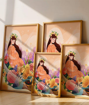 Femme dans la nature avec des fleurs et des notes de musique