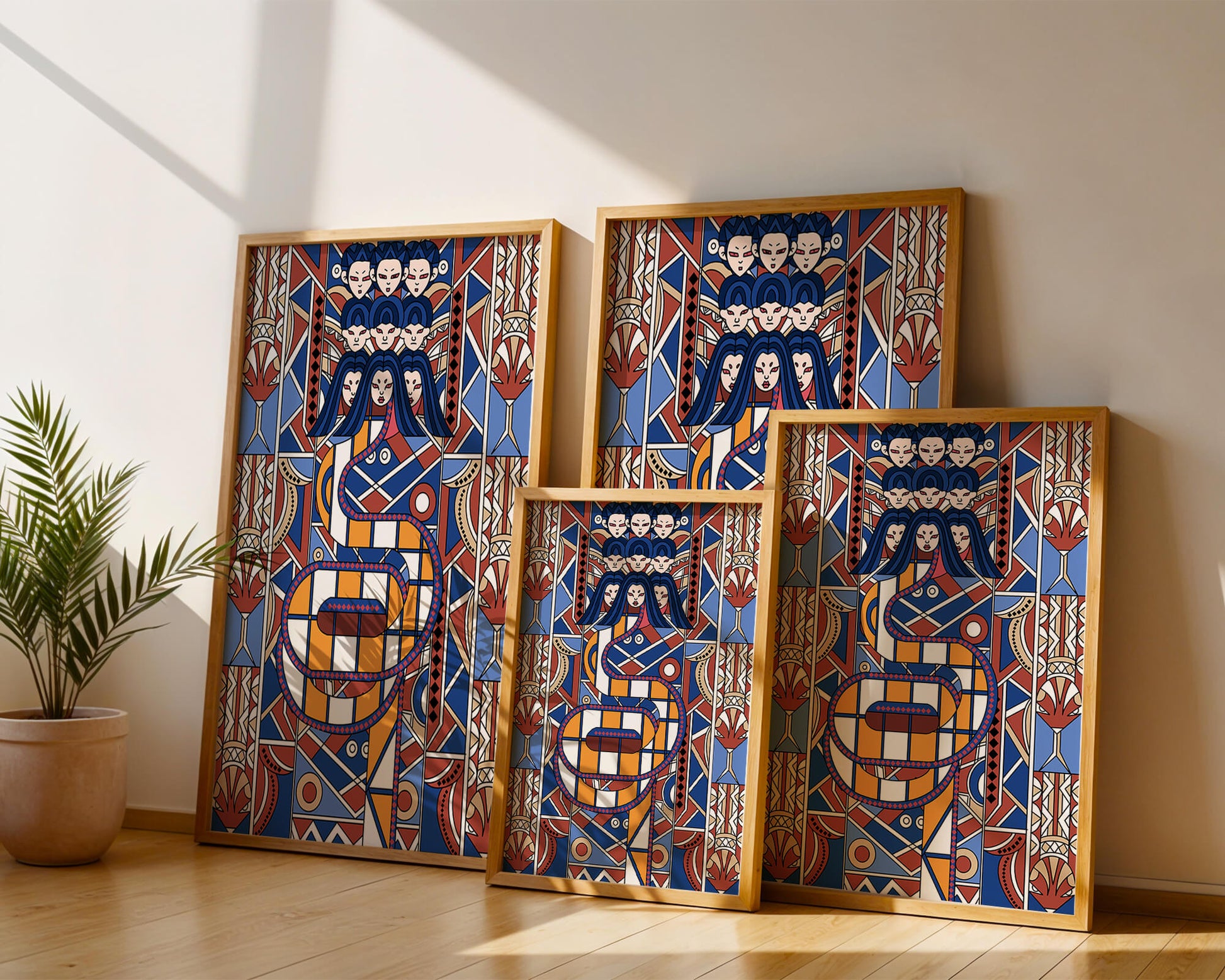 Patrón geométrico Art Decó con rostros y diseño simétrico