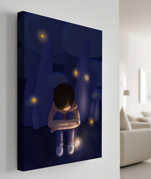Paysage nocturne serein avec un personnage réfléchi au milieu de vers luisants et de champignons