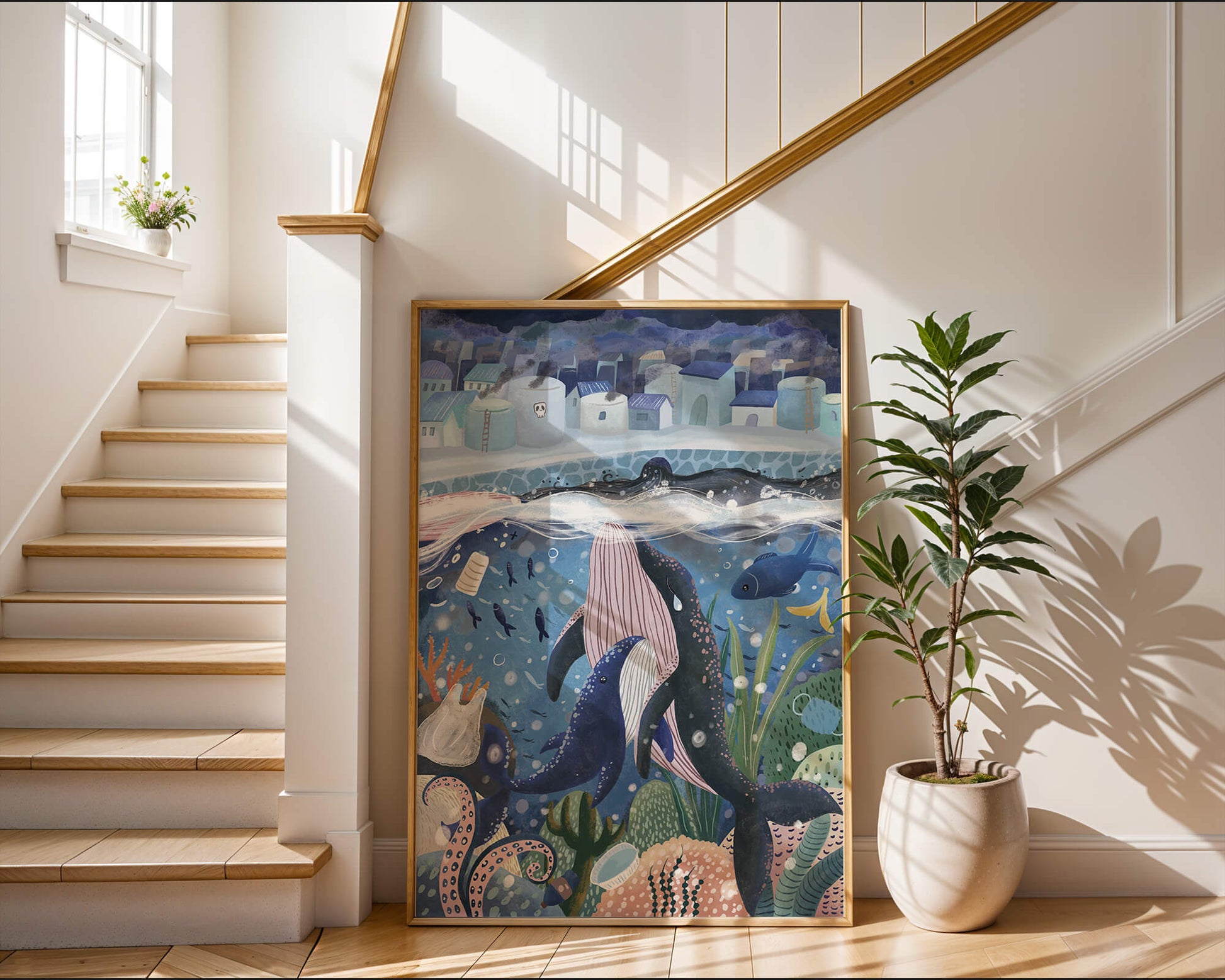 Whimsical Underwater City with Marine Life and Pollution