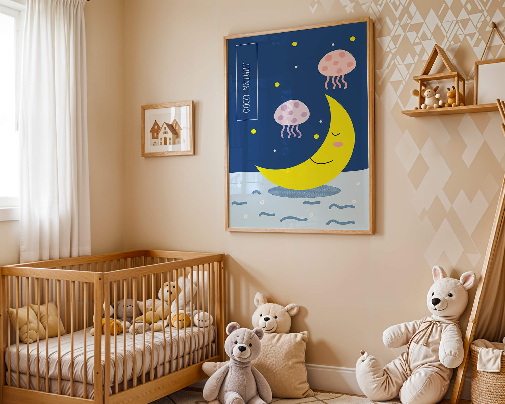 Whimsical night scene with a smiling moon and playful jellyfish