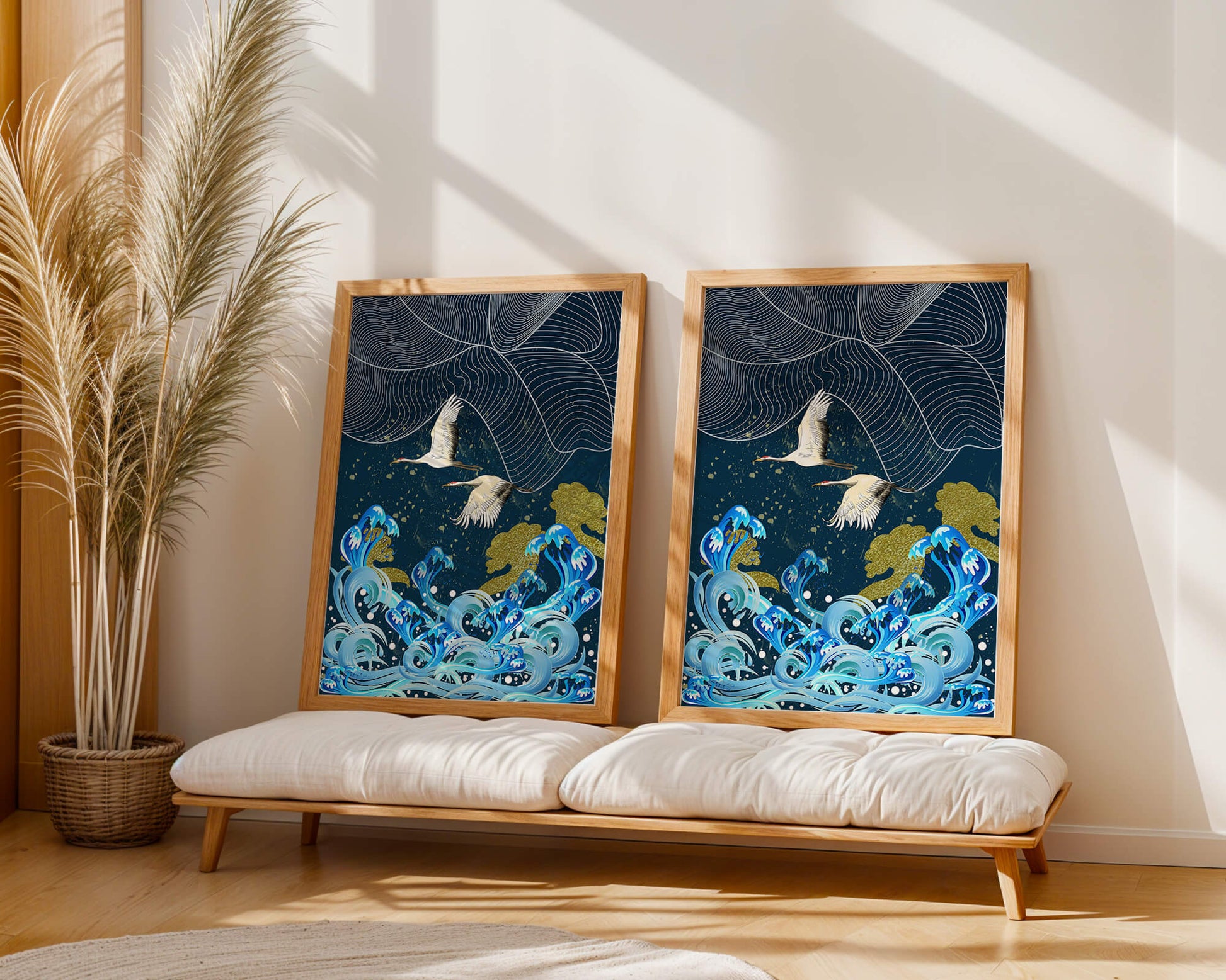 Elegant Cranes Flying Over Golden Waves and Artistic Ocean