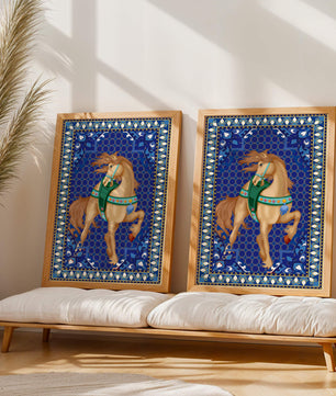 Arte de caballo con patrón intrincado y un borde decorativo vibrante