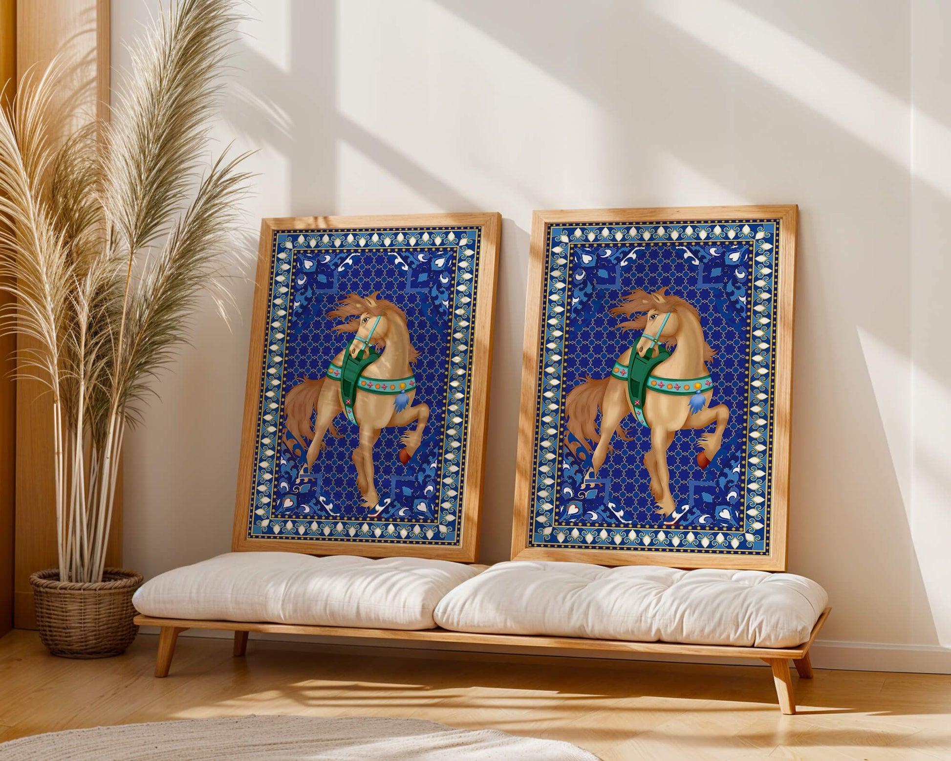Intricate patterned horse art with a vibrant decorative border