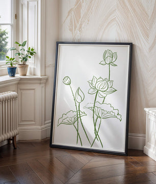 Ilustración de arte de línea verde de flores de loto con capullos