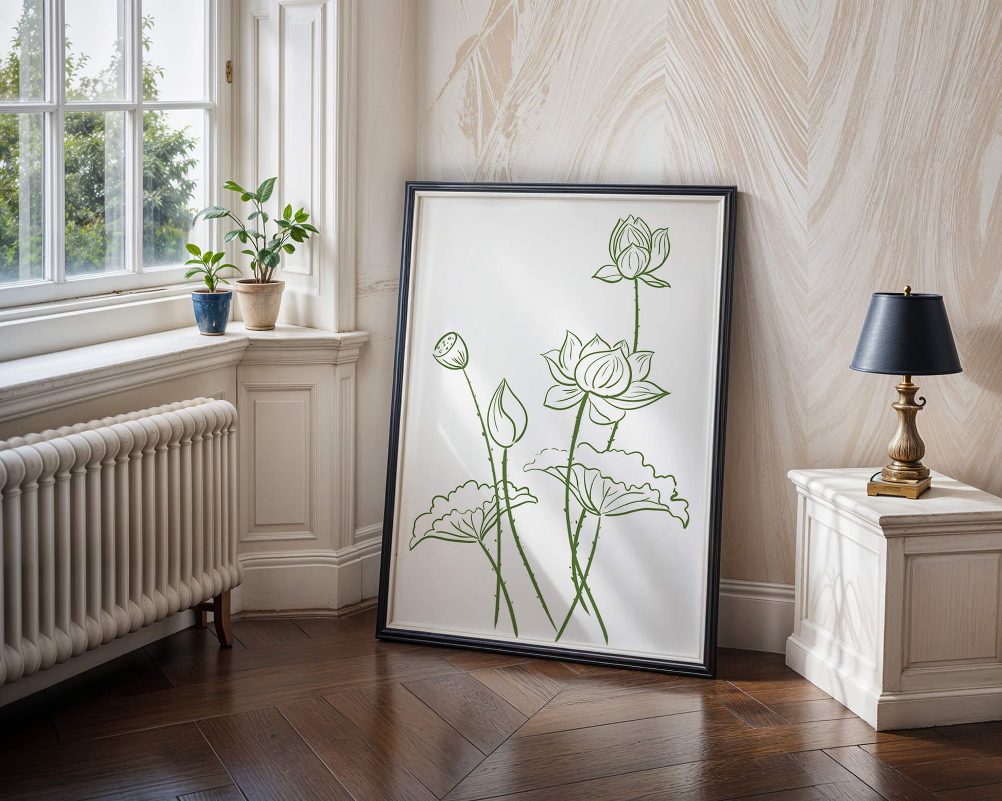 Ilustración de arte lineal verde de flores de loto con capullos