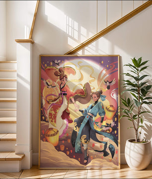 Dynamic anime scene with traditional attire and lanterns