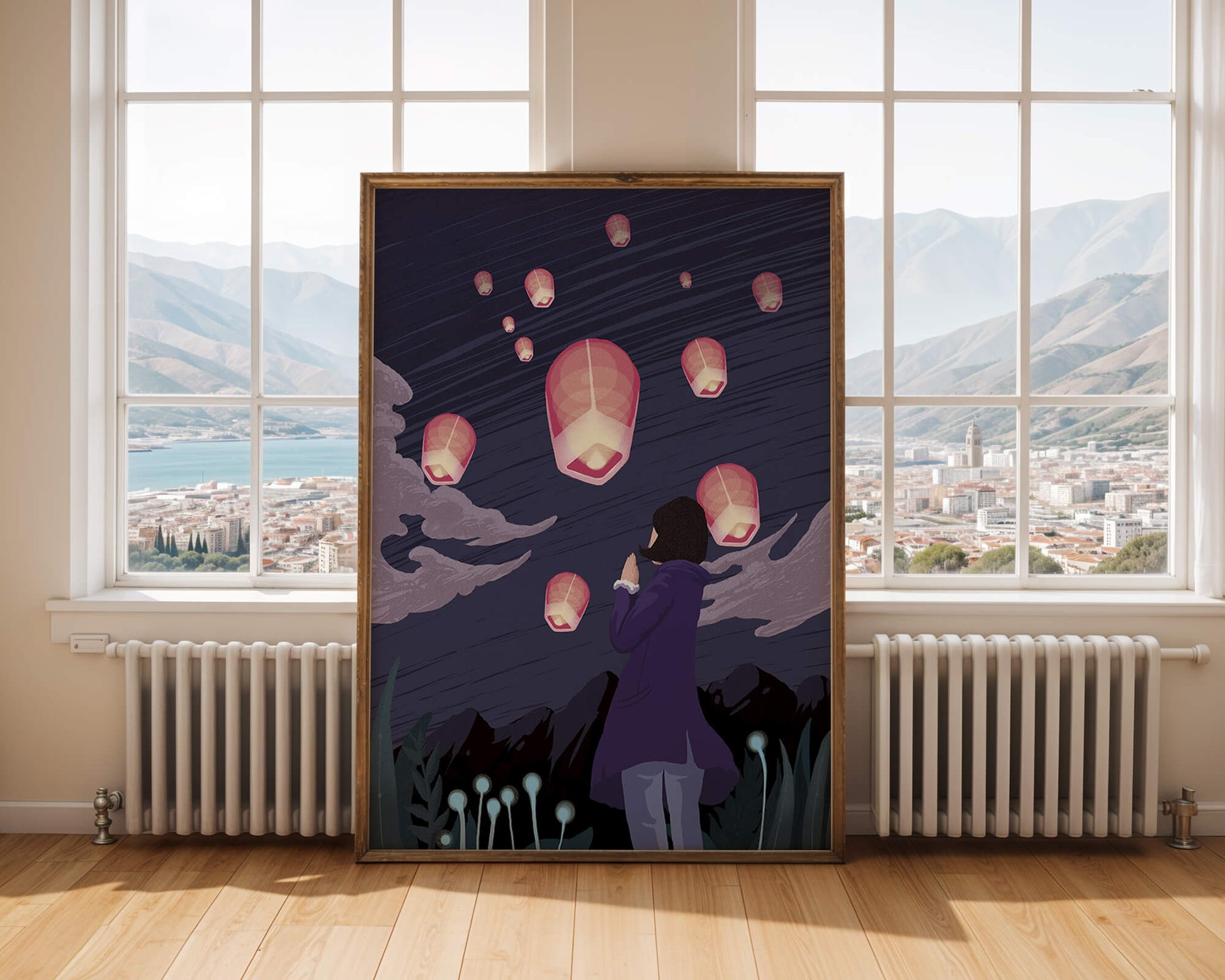 Girl Watching Pink Lanterns Soaring into the Night Sky