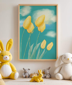 Stylized yellow tulips against a cloudy blue sky background