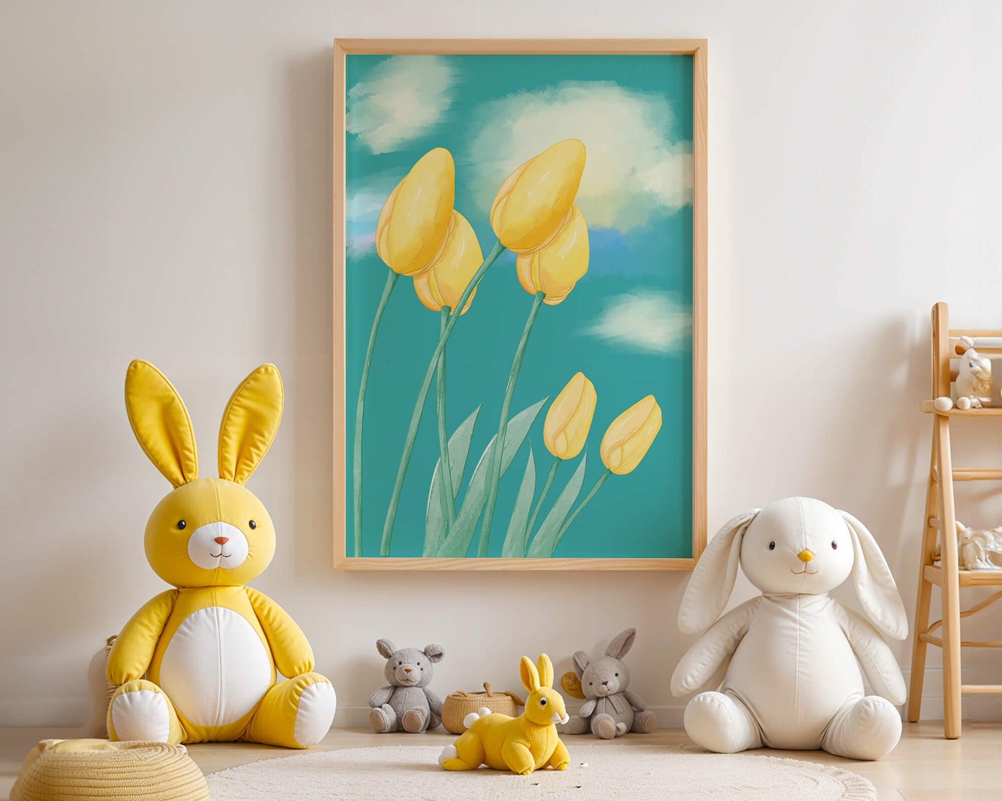 Stylized yellow tulips against a cloudy blue sky background