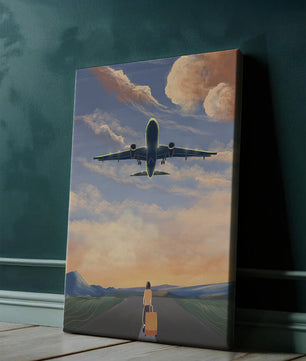 Serene airport departure with airplane and traveler at sunset