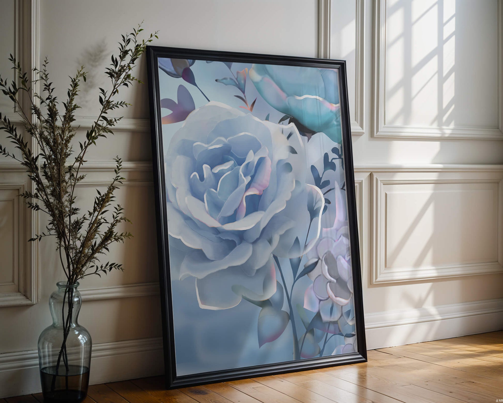 Rosas azules serenas con hojas delicadas sobre fondo suave