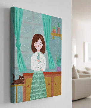 Charming Illustration of Woman and Cat in Cozy Living Room