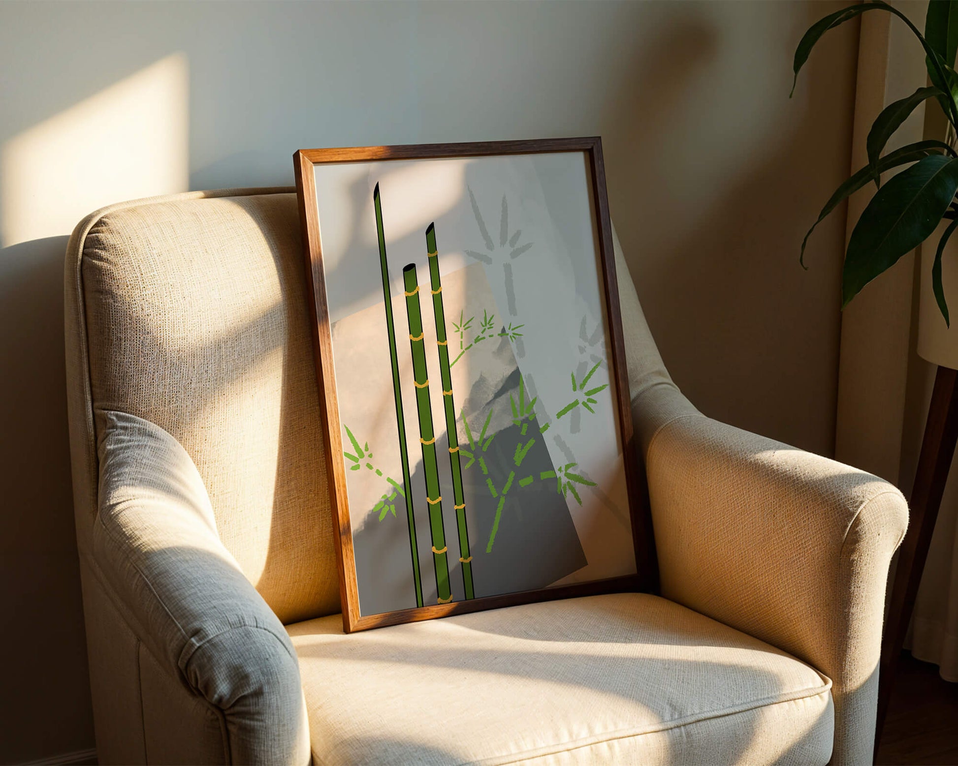 Arte minimalista de bambú con sombras abstractas de bambú
