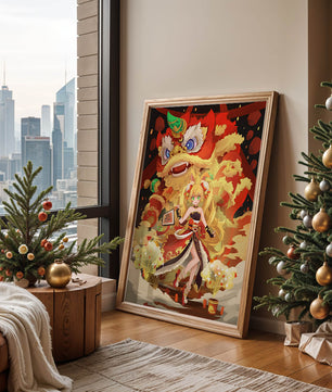 Colorful anime-inspired scene with a lion dance and festive character