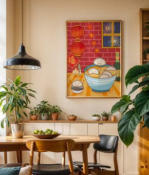 Festive Dumpling Illustration with Lanterns and Fireworks - Mi tienda