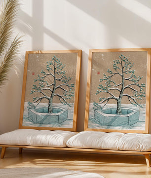 Paisaje invernal con ilustración de árbol bonsái cubierto de nieve