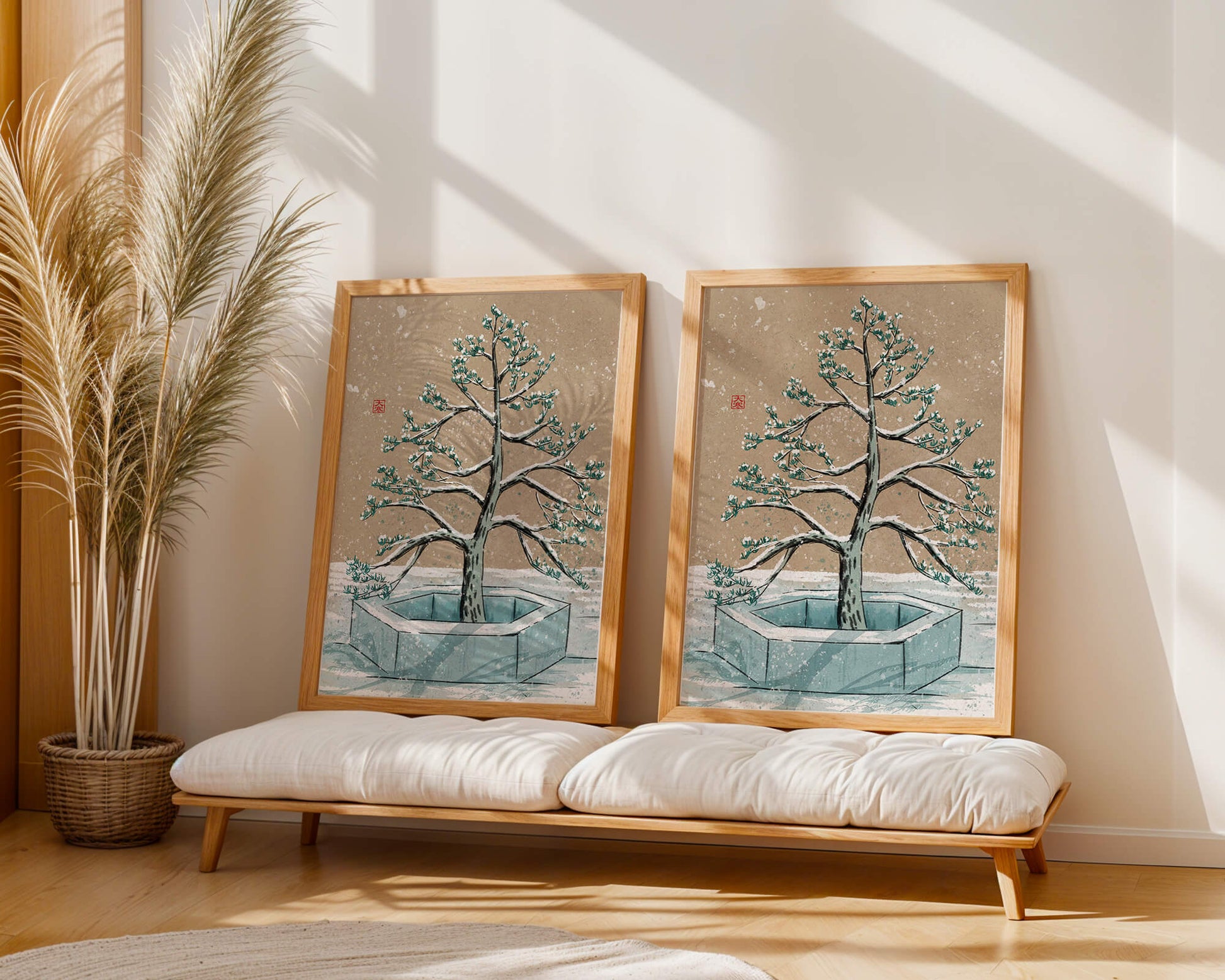 Paisaje invernal con ilustración de árbol bonsái cubierto de nieve