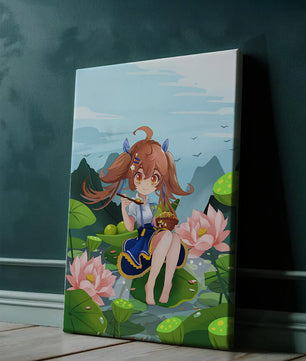Chica de anime sentada en hojas de lirio con montañas al fondo