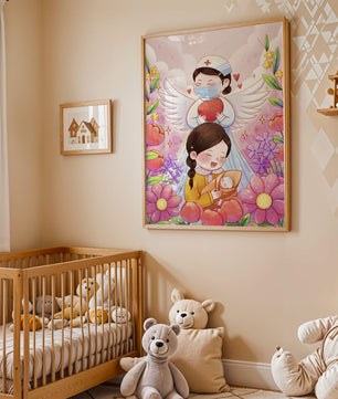 Escena ilustrada de un ángel de la salud con un niño y flores