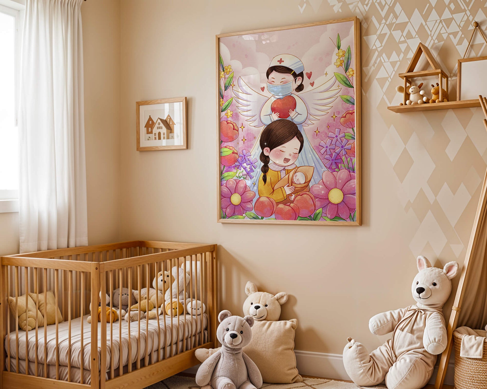 Illustrated scene of healthcare angel with child and flowers