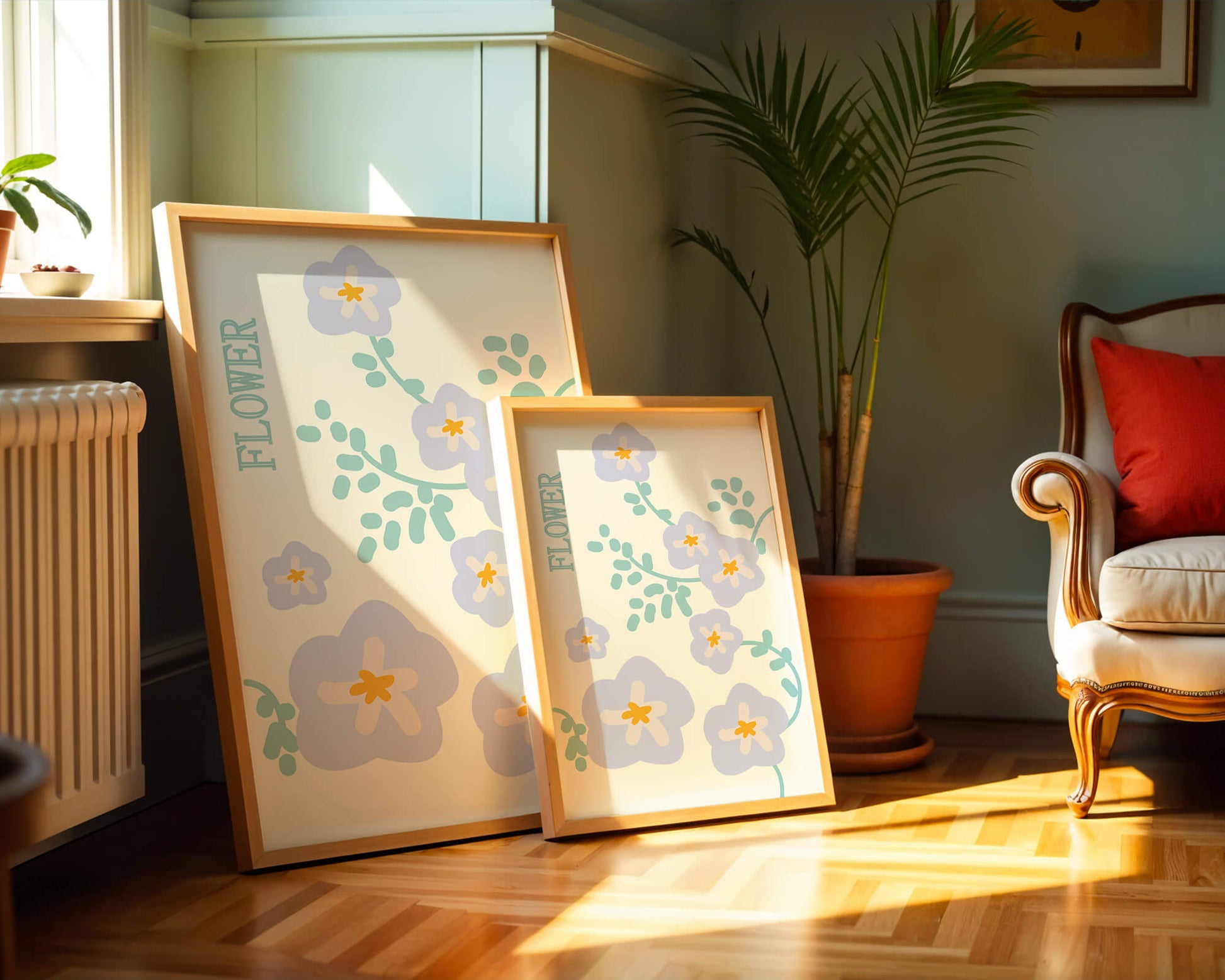 Floral design with pastel flowers and abstract leaves