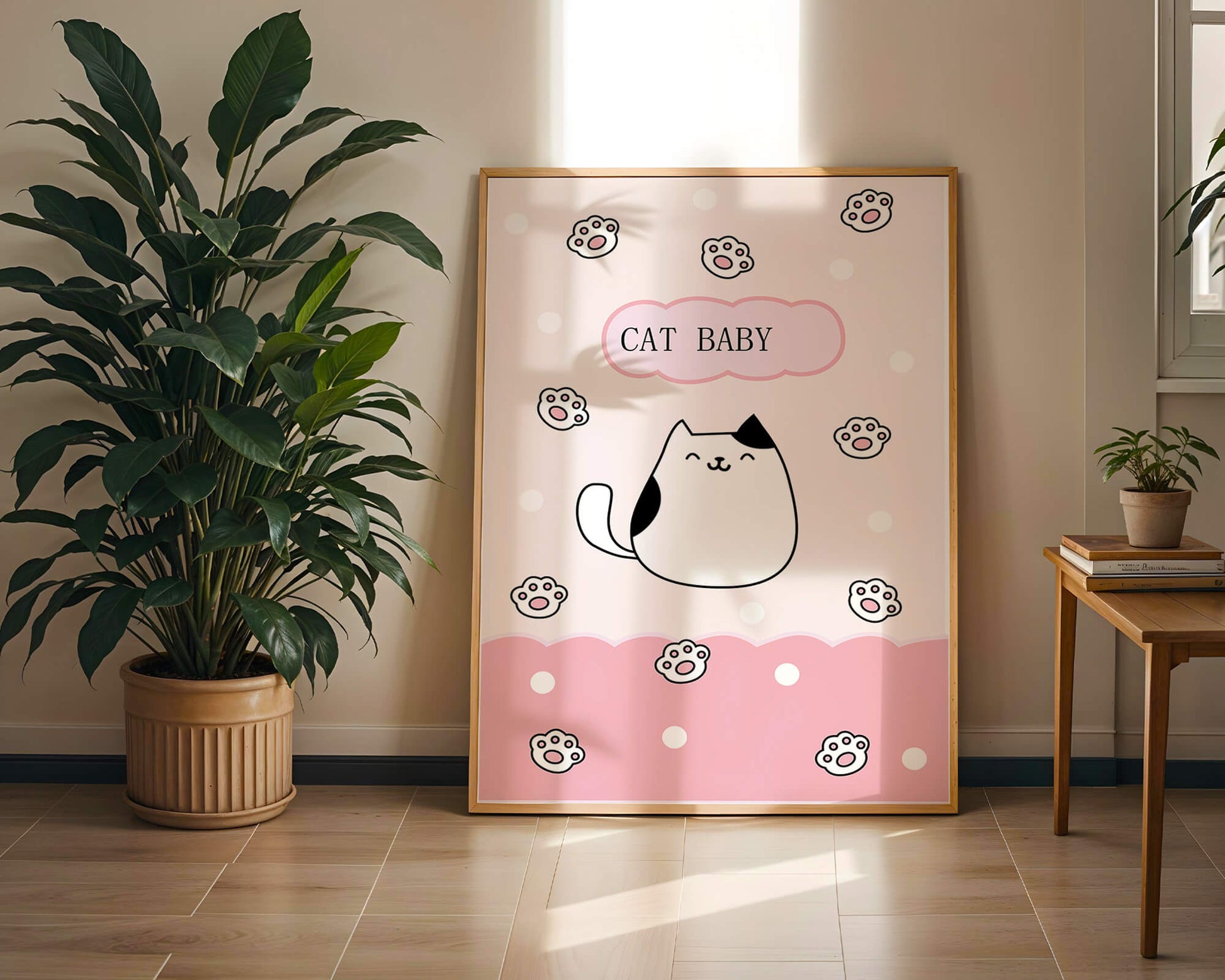 Adorable cat baby illustration with cute paw prints and polka dots