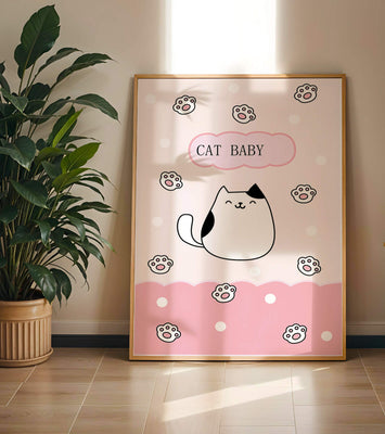 Adorable cat baby illustration with cute paw prints and polka dots