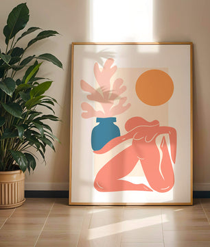 Figura desnuda abstracta con jarrón y sol en estilo minimalista