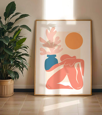 Abstract Nude Figure with Vase and Sun in Minimalist Style