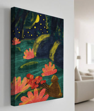 Mystical night garden with bright flowers and starlit sky