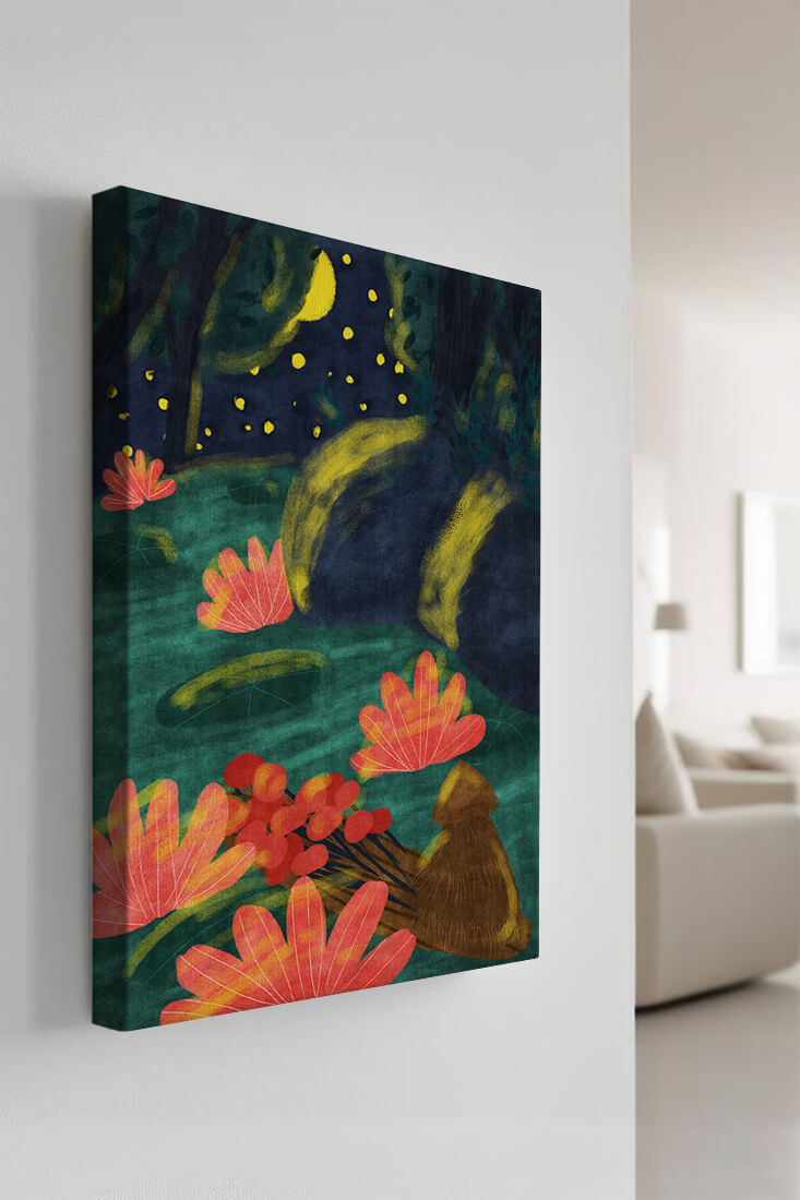 Mystical night garden with bright flowers and starlit sky