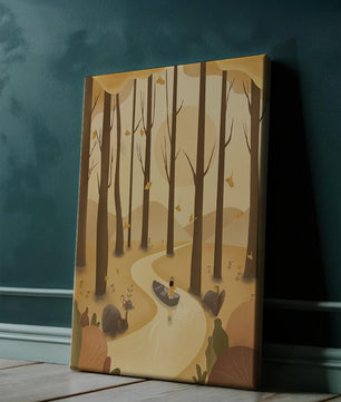 Serene autumn forest with river and boat in digital art scene