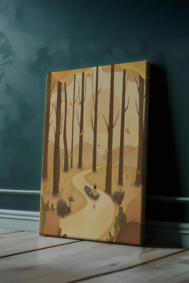 Serene autumn forest with river and boat in digital art scene