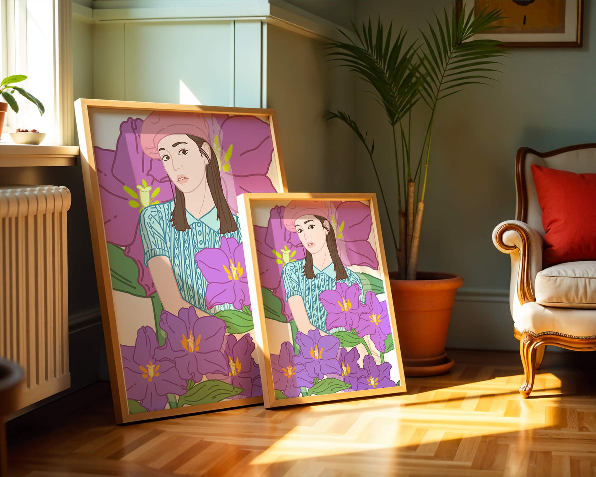 Ilustración de una joven con boina rosa y flores moradas