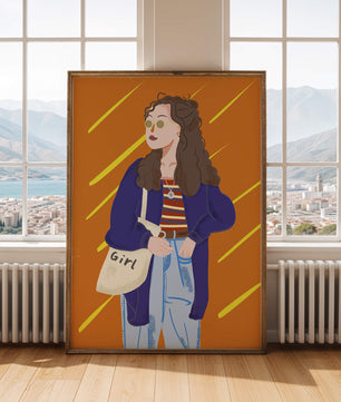 Mujer elegante con ropa casual, gafas de sol y bolso en un fondo naranja