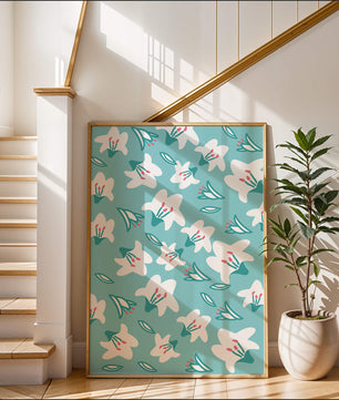 Motif floral avec des lys blancs sur un fond turquoise
