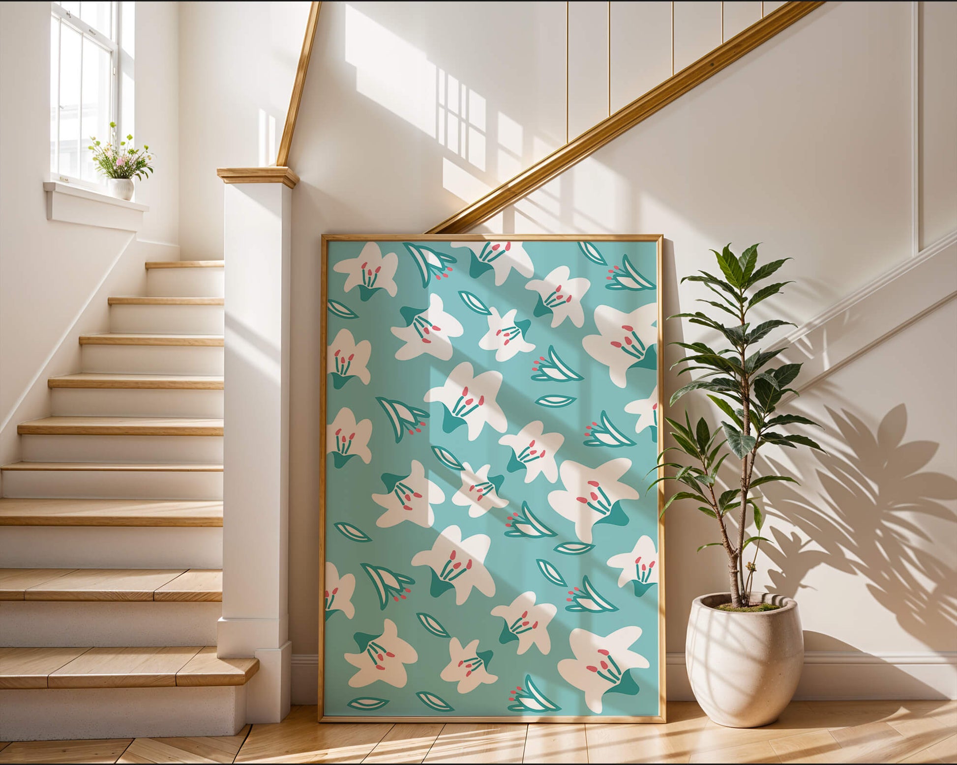 Floral pattern with white lilies on a turquoise background