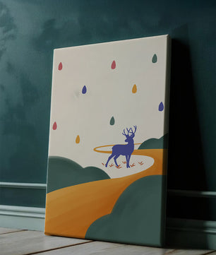 Colorful abstract deer illustration within a serene landscape