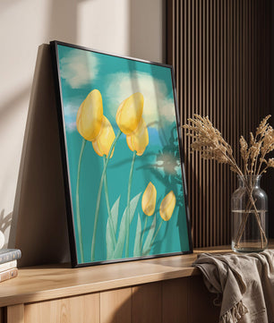 Stylized yellow tulips against a cloudy blue sky background