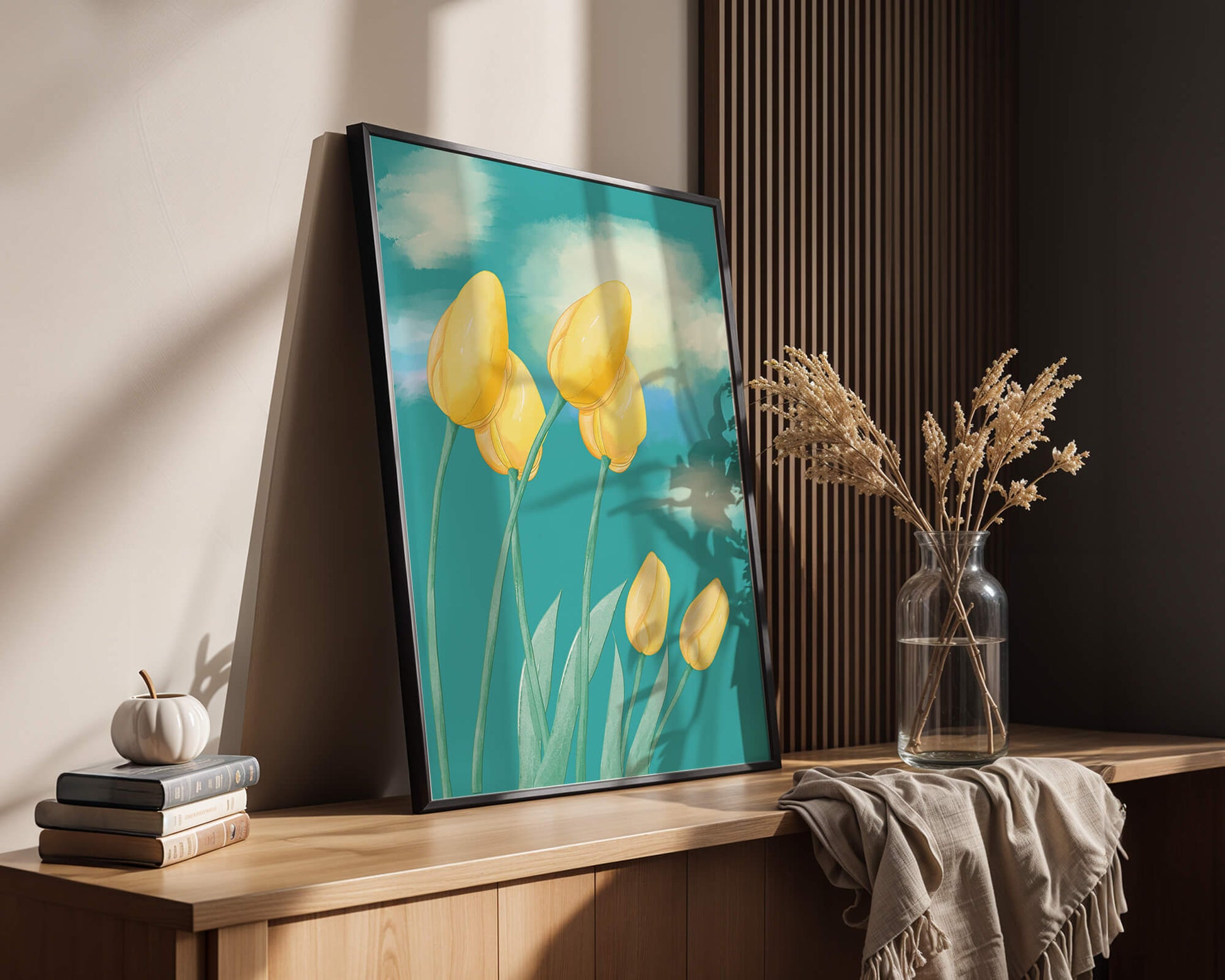 Stylized yellow tulips against a cloudy blue sky background