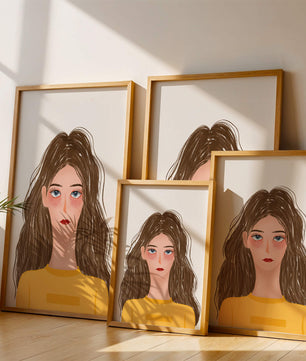 Illustrated portrait of a woman with long brown hair and expressive eyes