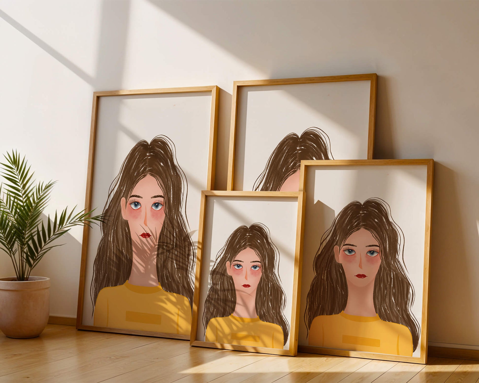 Illustrated portrait of a woman with long brown hair and expressive eyes