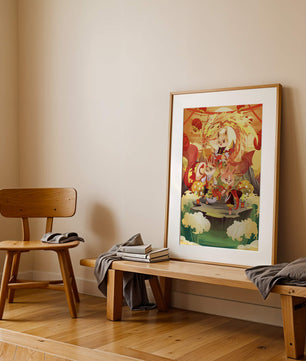 Fantastical scene with anthropomorphic animals and a dragon in a vibrant setting