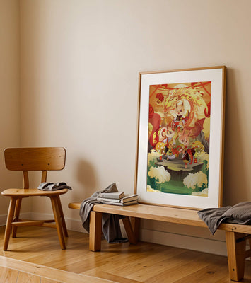 Fantastical scene with anthropomorphic animals and a dragon in a vibrant setting