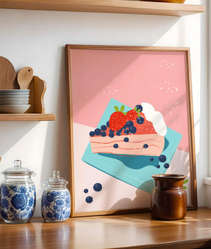 Bunte Dessertillustration mit Erdbeeren und Blaubeeren auf pastellfarbenem Hintergrund