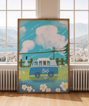 Ilustración escénica con autobús azul y prado en flor